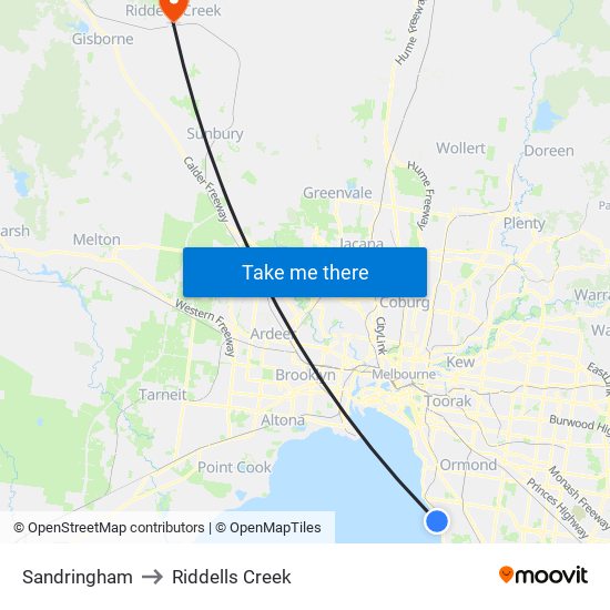 Sandringham to Riddells Creek map