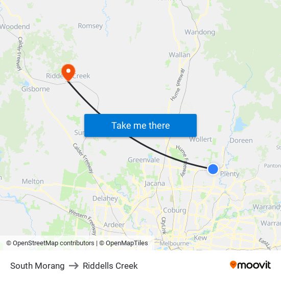 South Morang to Riddells Creek map