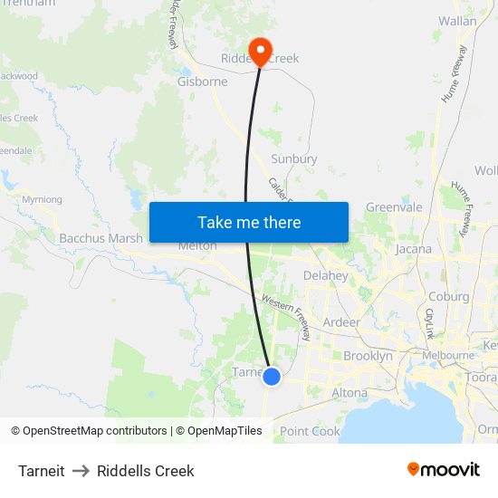 Tarneit to Riddells Creek map