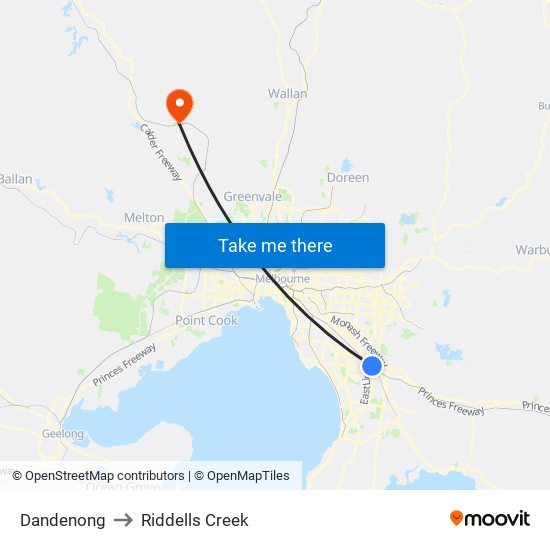 Dandenong to Riddells Creek map