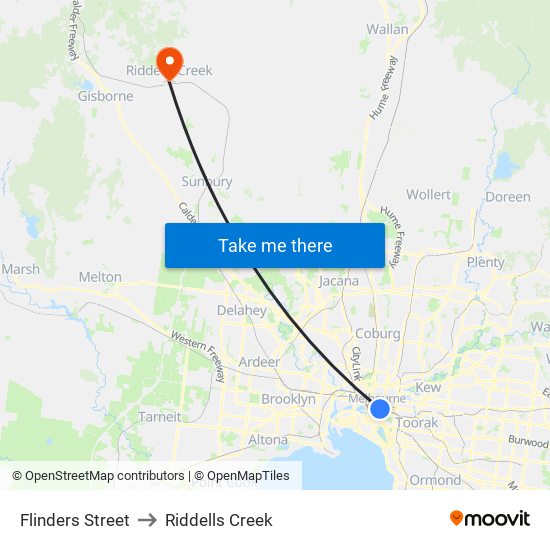 Flinders Street to Riddells Creek map