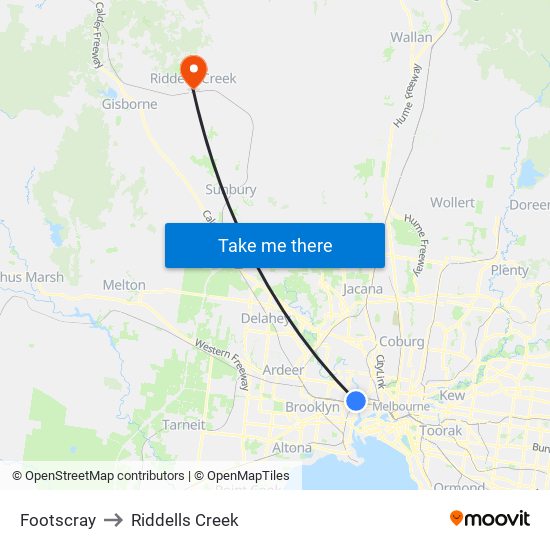 Footscray to Riddells Creek map