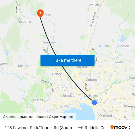 Fawkner Park/Toorak Rd #123 to Riddells Creek map