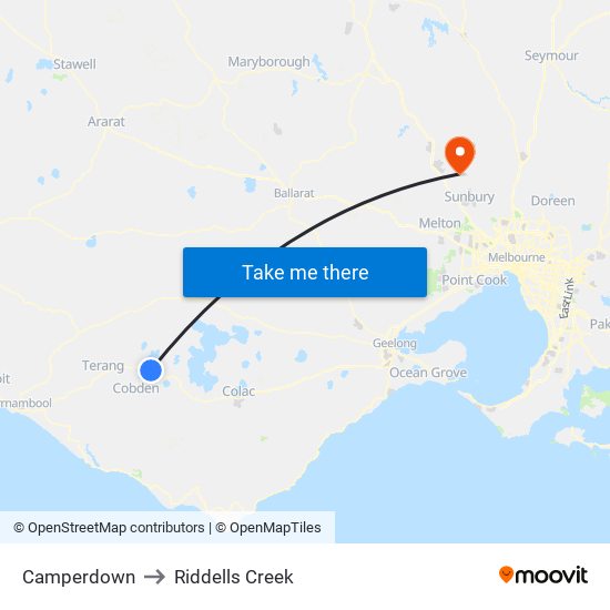 Camperdown to Riddells Creek map