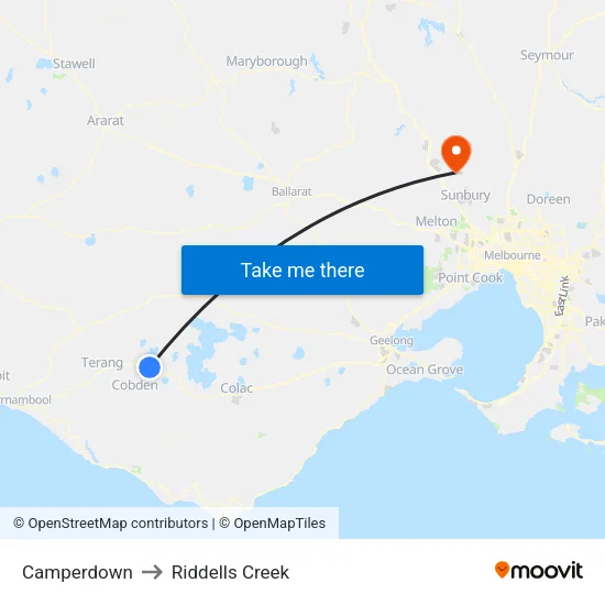 Camperdown to Riddells Creek map