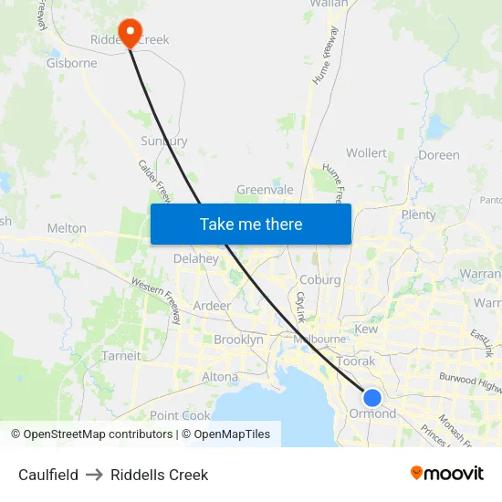 Caulfield to Riddells Creek map