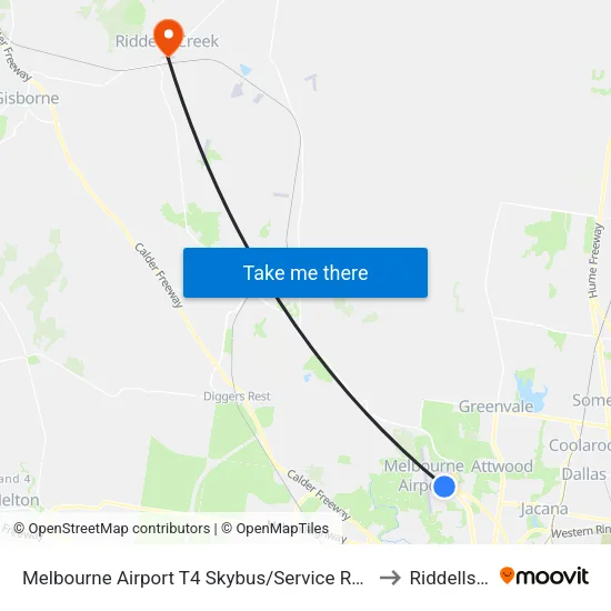 Melbourne Airport T4 Skybus/Service Rd to Riddells Creek map