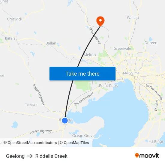 Geelong to Riddells Creek map