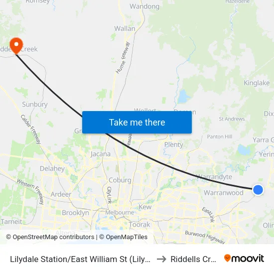 Lilydale Station/East William St to Riddells Creek map