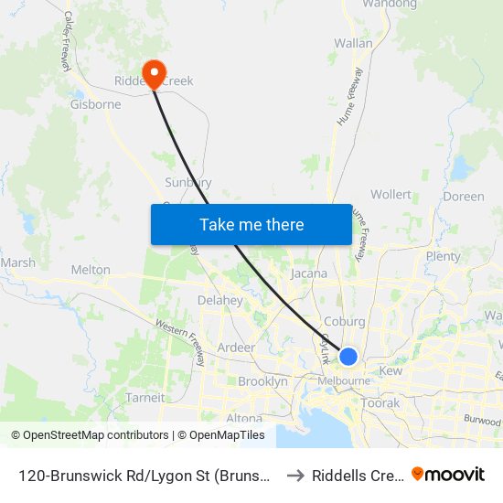 120-Brunswick Rd/Lygon St (Brunswick) to Riddells Creek map