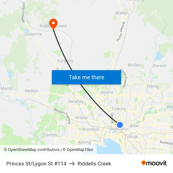 Princes St/Lygon St #114 to Riddells Creek map