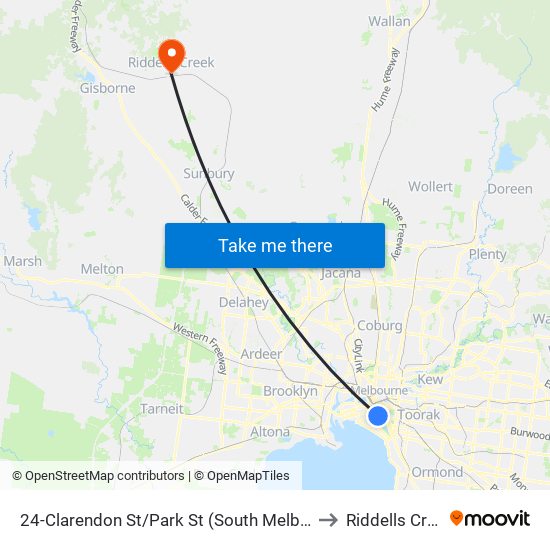 24-Clarendon St/Park St (South Melbourne) to Riddells Creek map