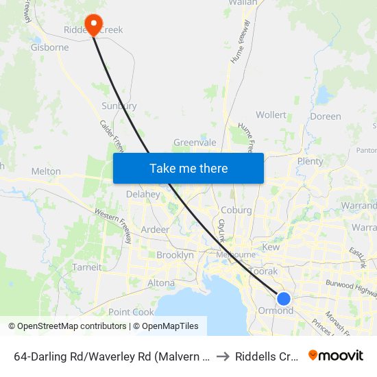 64-Darling Rd/Waverley Rd (Malvern East) to Riddells Creek map