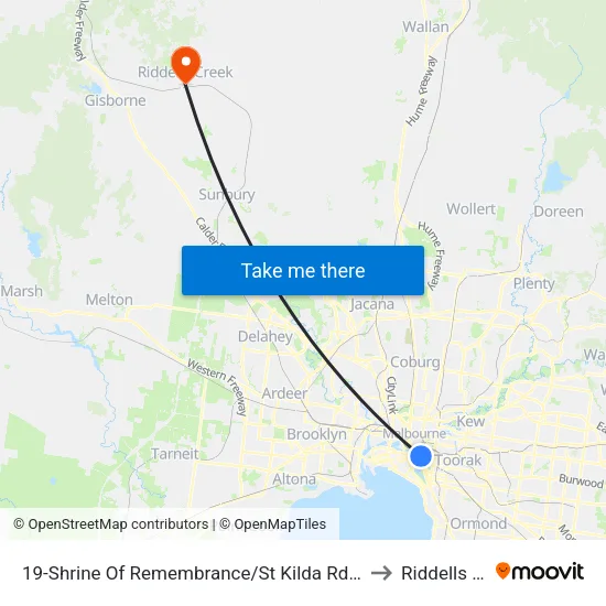 Shrine Of Remembrance/St Kilda Rd #19 to Riddells Creek map