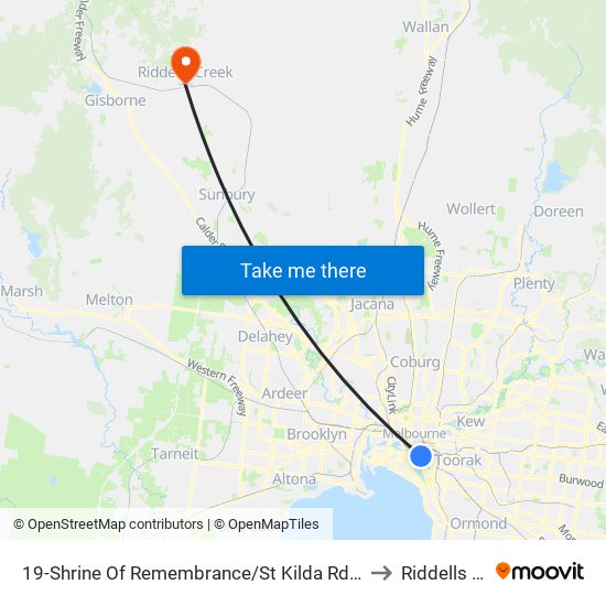 19-Shrine Of Remembrance/St Kilda Rd (Melbourne City) to Riddells Creek map