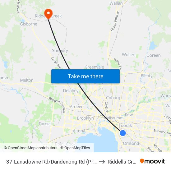 37-Lansdowne Rd/Dandenong Rd (Prahran) to Riddells Creek map