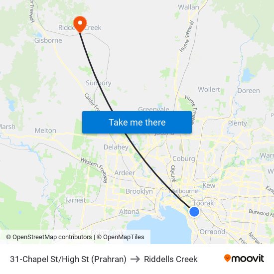 31-Chapel St/High St (Prahran) to Riddells Creek map