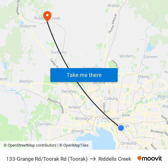 133-Grange Rd/Toorak Rd (Toorak) to Riddells Creek map