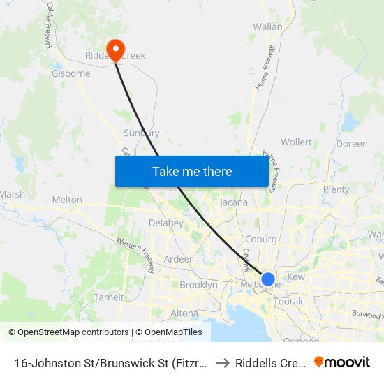 16-Johnston St/Brunswick St (Fitzroy) to Riddells Creek map