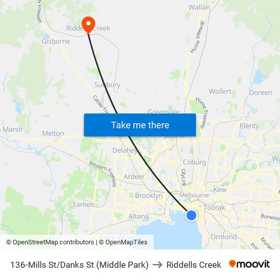 136-Mills St/Danks St (Middle Park) to Riddells Creek map