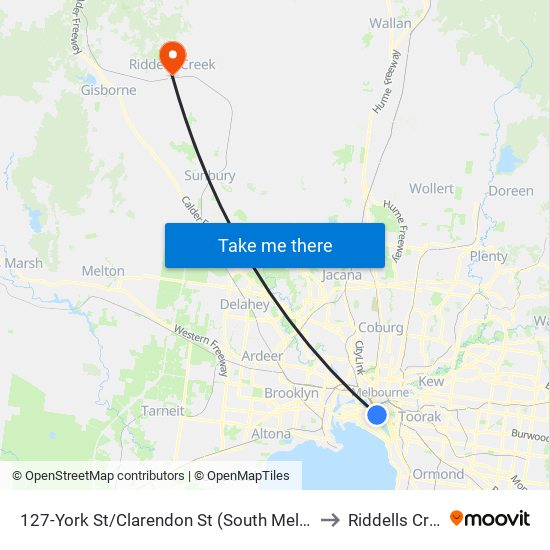 127-York St/Clarendon St (South Melbourne) to Riddells Creek map