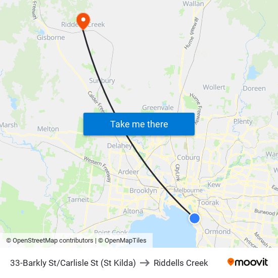 33-Barkly St/Carlisle St (St Kilda) to Riddells Creek map