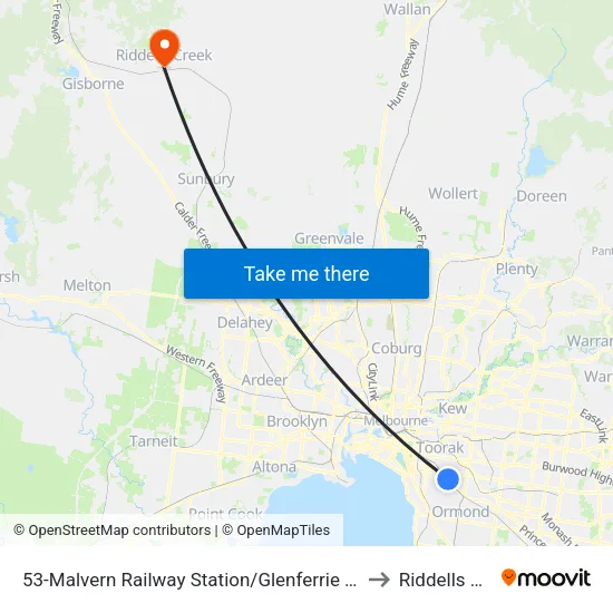 Malvern Railway Station/Glenferrie Rd #53 to Riddells Creek map