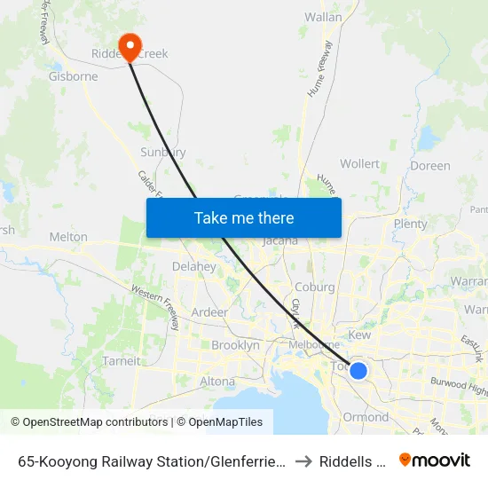 Kooyong Railway Station/Glenferrie Rd #65 to Riddells Creek map