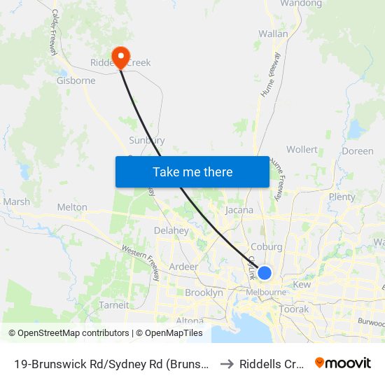 19-Brunswick Rd/Sydney Rd (Brunswick) to Riddells Creek map