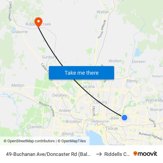 49-Buchanan Ave/Doncaster Rd (Balwyn North) to Riddells Creek map