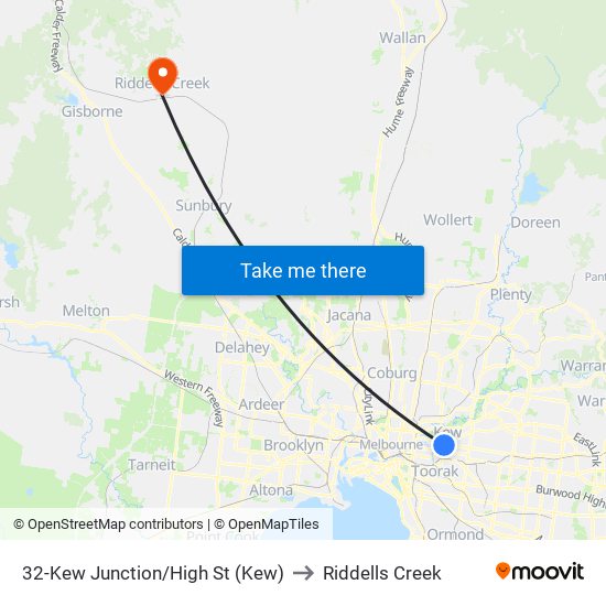 32-Kew Junction/High St (Kew) to Riddells Creek map