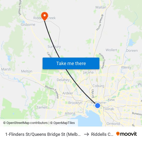 1-Flinders St/Queens Bridge St (Melbourne City) to Riddells Creek map