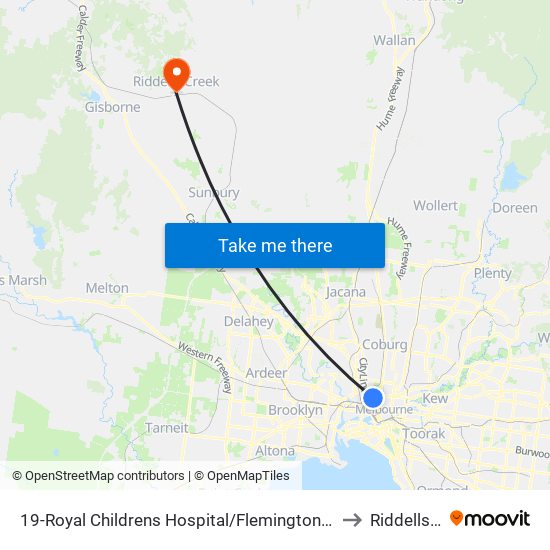 19-Royal Childrens Hospital/Flemington Rd (North Melbourne) to Riddells Creek map