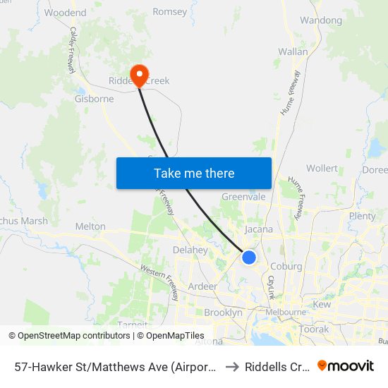 57-Hawker St/Matthews Ave (Airport West) to Riddells Creek map