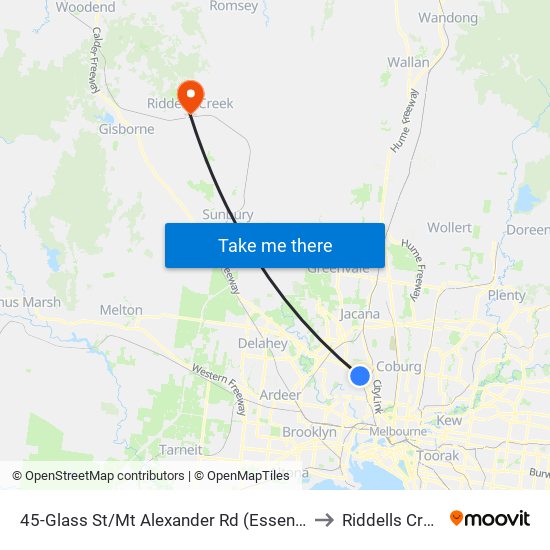 45-Glass St/Mt Alexander Rd (Essendon) to Riddells Creek map