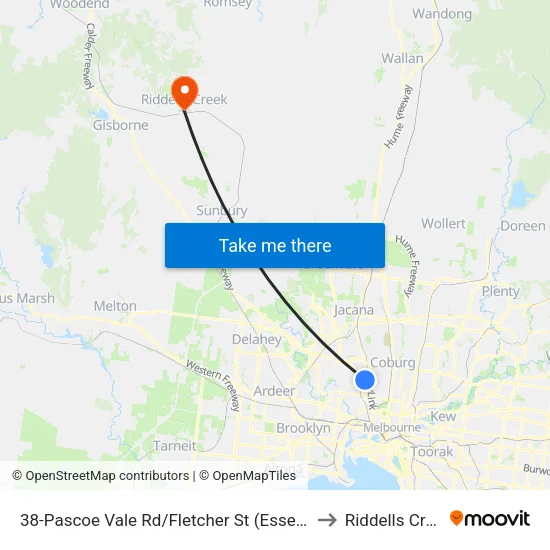 Pascoe Vale Rd/Fletcher St #38 to Riddells Creek map