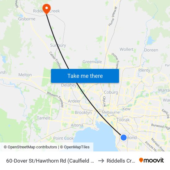 60-Dover St/Hawthorn Rd (Caulfield South) to Riddells Creek map