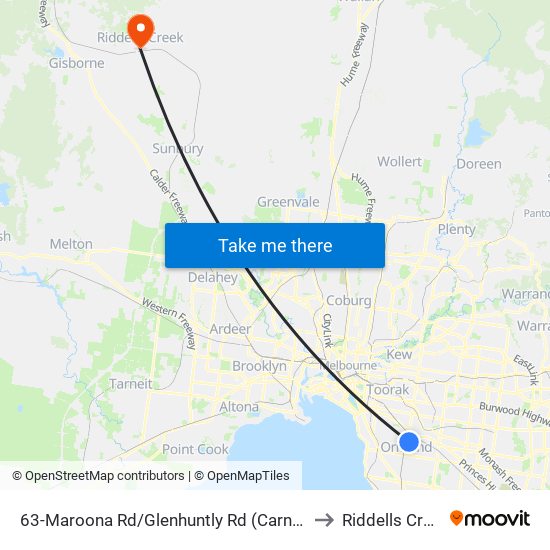 63-Maroona Rd/Glenhuntly Rd (Carnegie) to Riddells Creek map