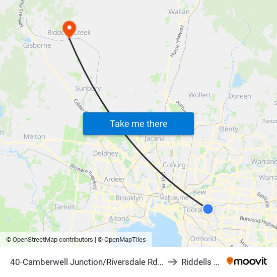 40-Camberwell Junction/Riversdale Rd (Camberwell) to Riddells Creek map