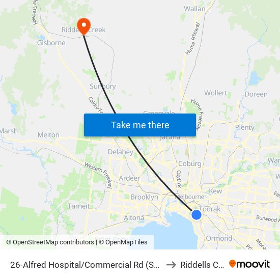 26-Alfred Hospital/Commercial Rd (South Yarra) to Riddells Creek map