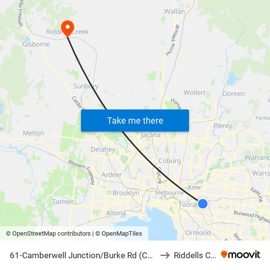 61-Camberwell Junction/Burke Rd (Camberwell) to Riddells Creek map