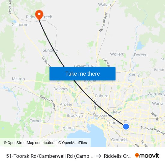 51-Toorak Rd/Camberwell Rd (Camberwell) to Riddells Creek map