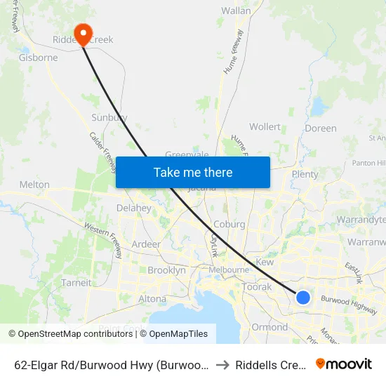 Elgar Rd/Burwood Hwy #62 to Riddells Creek map