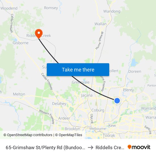 65-Grimshaw St/Plenty Rd (Bundoora) to Riddells Creek map