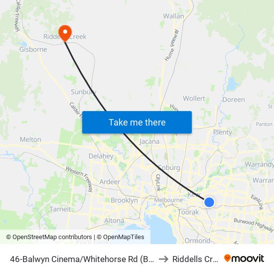 46-Balwyn Cinema/Whitehorse Rd (Balwyn) to Riddells Creek map