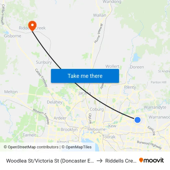 Woodlea St/Victoria St to Riddells Creek map