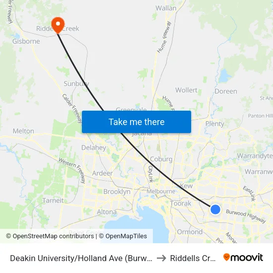 Deakin University/Holland Ave to Riddells Creek map