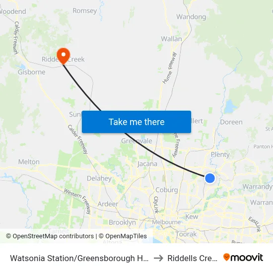 Watsonia Station/Greensborough Hwy to Riddells Creek map