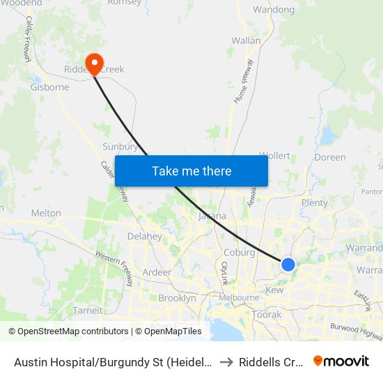 Austin Hospital/Burgundy St (Heidelberg) to Riddells Creek map