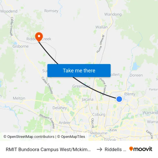 RMIT Bundoora Campus West/Mckimmies Rd to Riddells Creek map